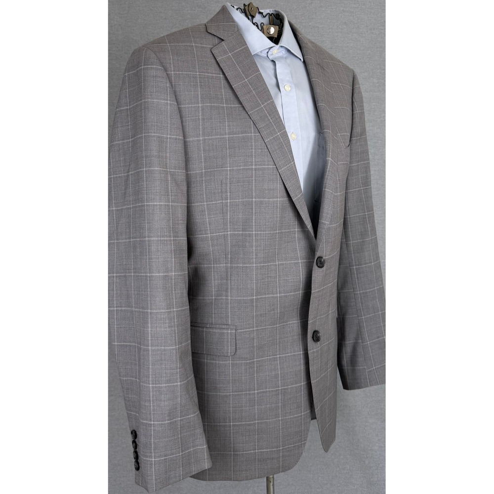 Saks Fifth Avenue Mens 46L Grey Windowpane 100% Wool Trim Fit Blazer Sport Coat